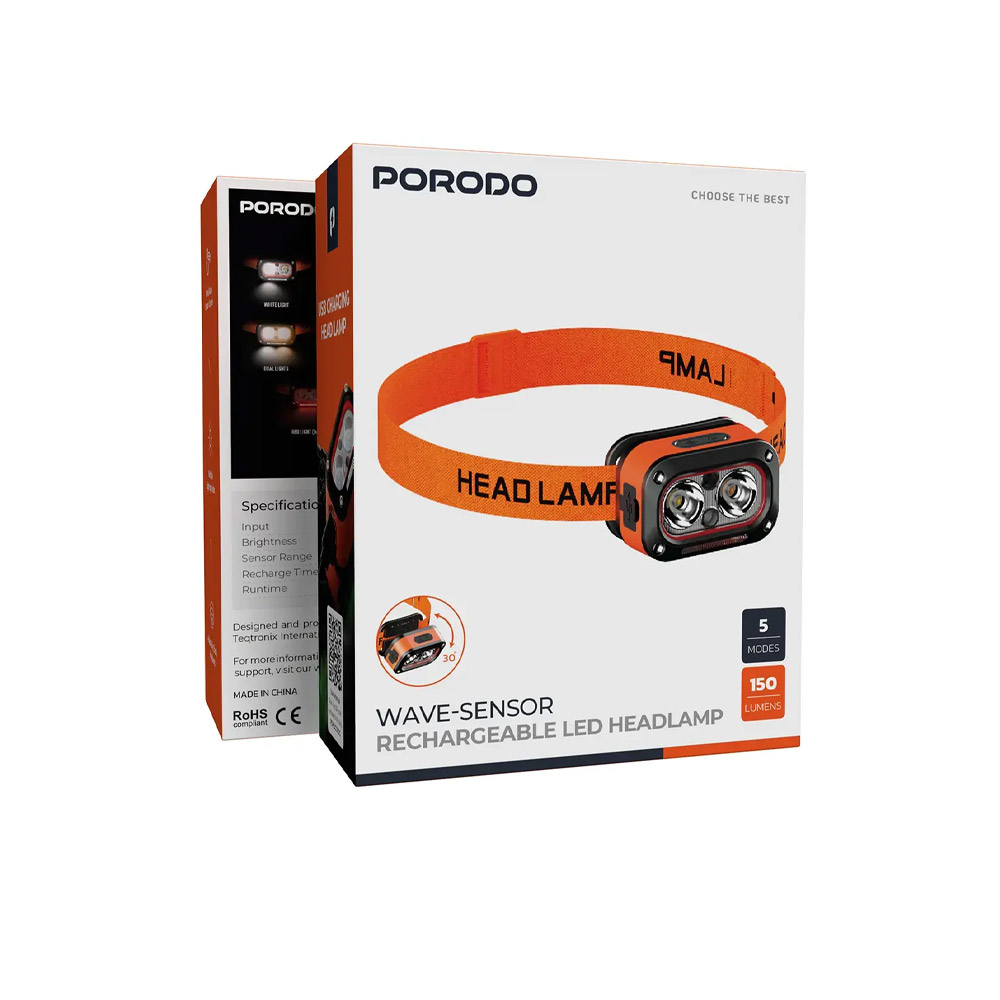 Porodo Wave-Sensor Rechargeable LED Headlamp – Orange