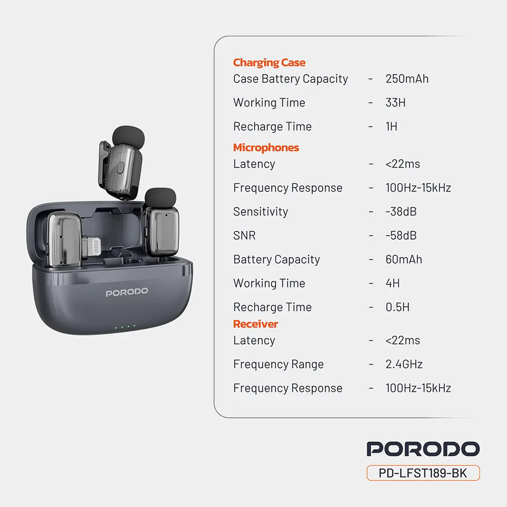 Porodo Wireless Lavalier Microphones Lightning – Black