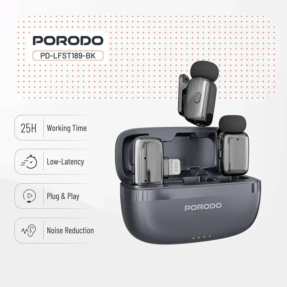 Porodo Wireless Lavalier Microphones Lightning – Black