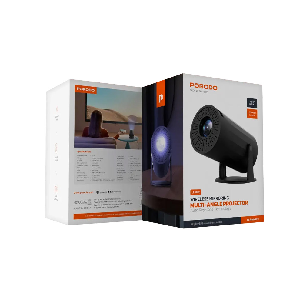 Porodo Wireless Mirroring Multi-Angle Projector – Black