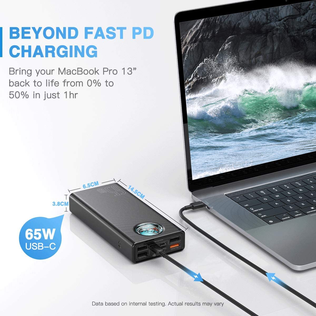 Portable Charger 30000mah, Baseus USB C PD 3.0 Fast Charging 65W Power Bank, 5-outport LED Display Battery Pack for MacBook Pro, Dell XPS, iPhone