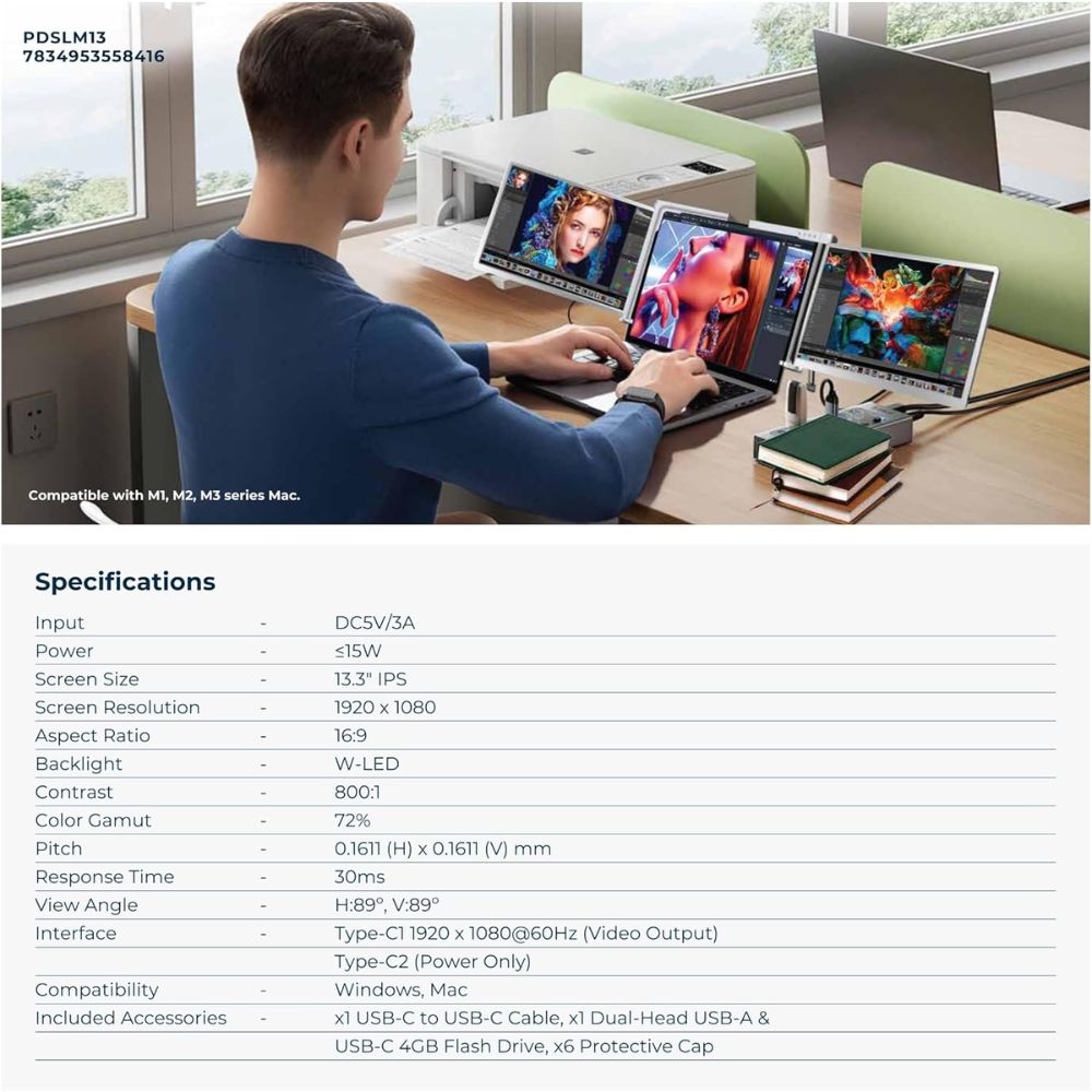 Powerology 13.3″ Dual Screen Portable Monitor – Silver – PDSLM13