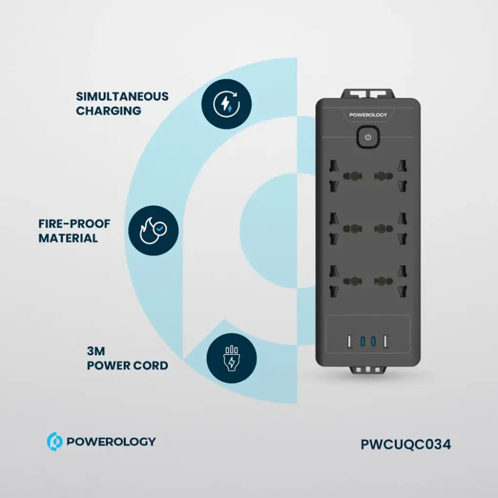 Powerology 6AC 2500W Power Strip – Black