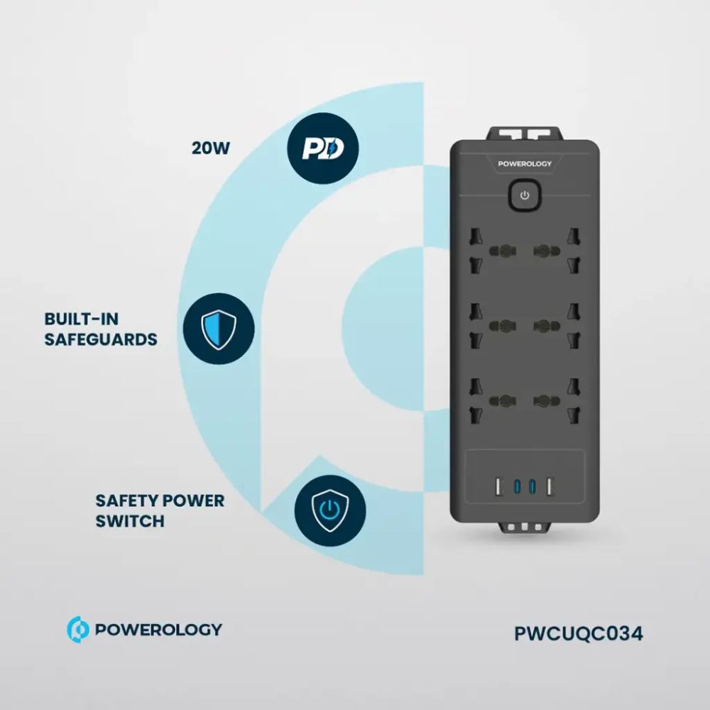 Powerology 6AC 2500W Power Strip – Black