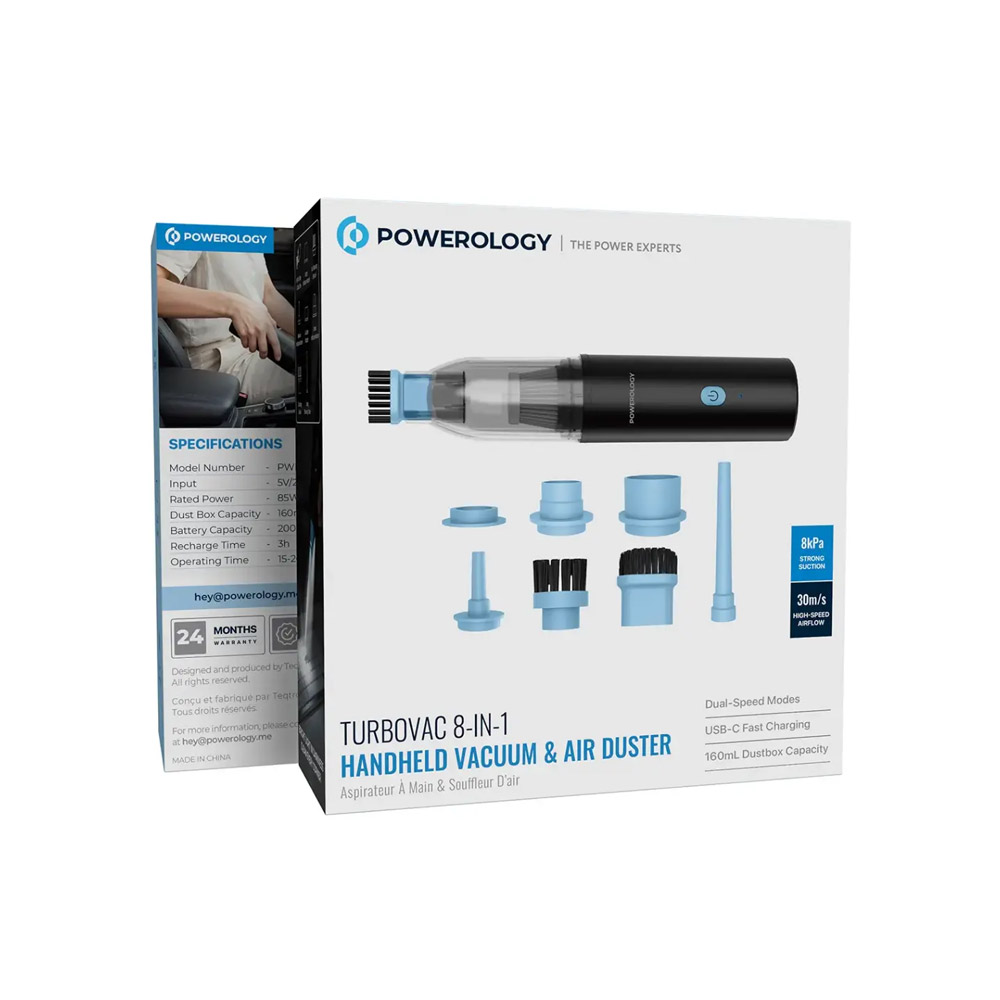 Powerology Turbovac 8-In-1 Handheld Vacuum & Air Duster – Black