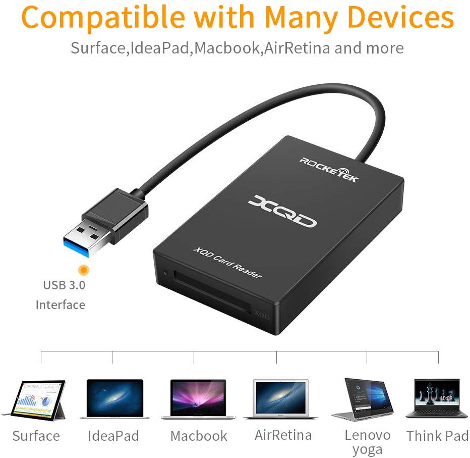 Rocketek XQD Reader. XQD Card Reader Compatible with XQD G-Series &amp; XQD M-Series for Windows/Mac OS. USB 3.0 XQD Memory Card Reader