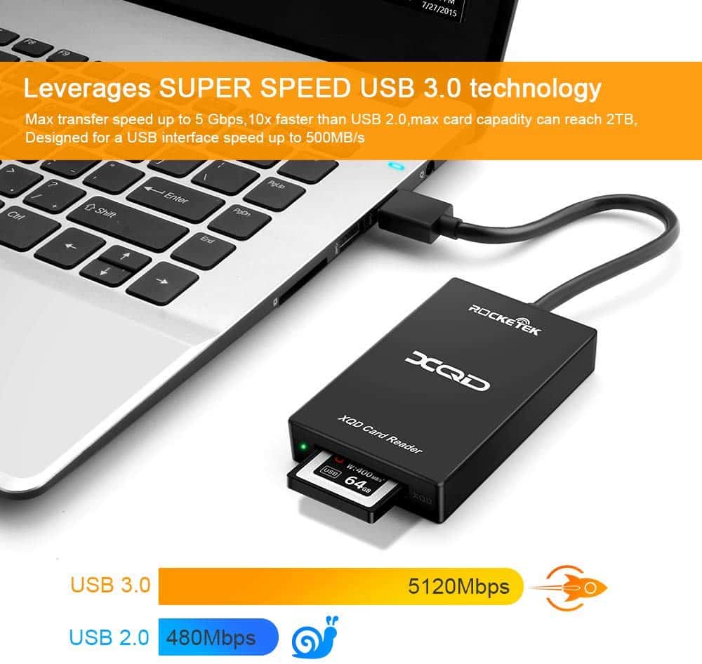 Rocketek XQD Reader. XQD Card Reader Compatible with XQD G-Series &amp; XQD M-Series for Windows/Mac OS. USB 3.0 XQD Memory Card Reader