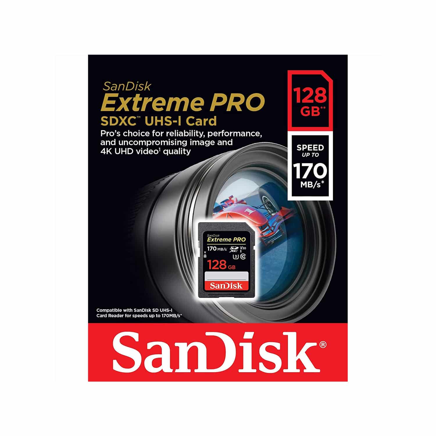 SanDisk 128GB Extreme PRO SDXC UHS-I Card – C10, U3, V30, 4K UHD, SD Card