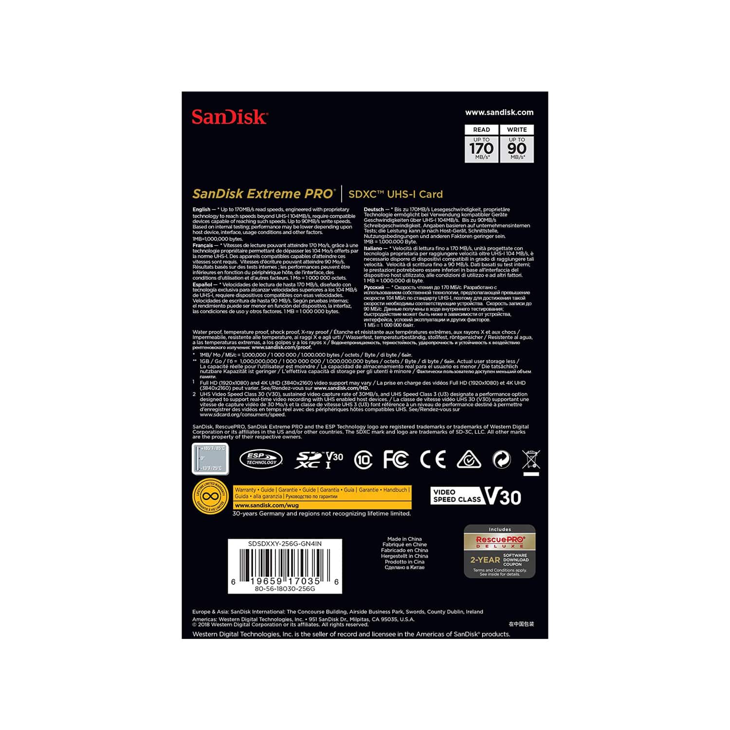 SanDisk 256GB Extreme PRO SDXC UHS-I Card – C10, U3, V30, 4K UHD, SD Card