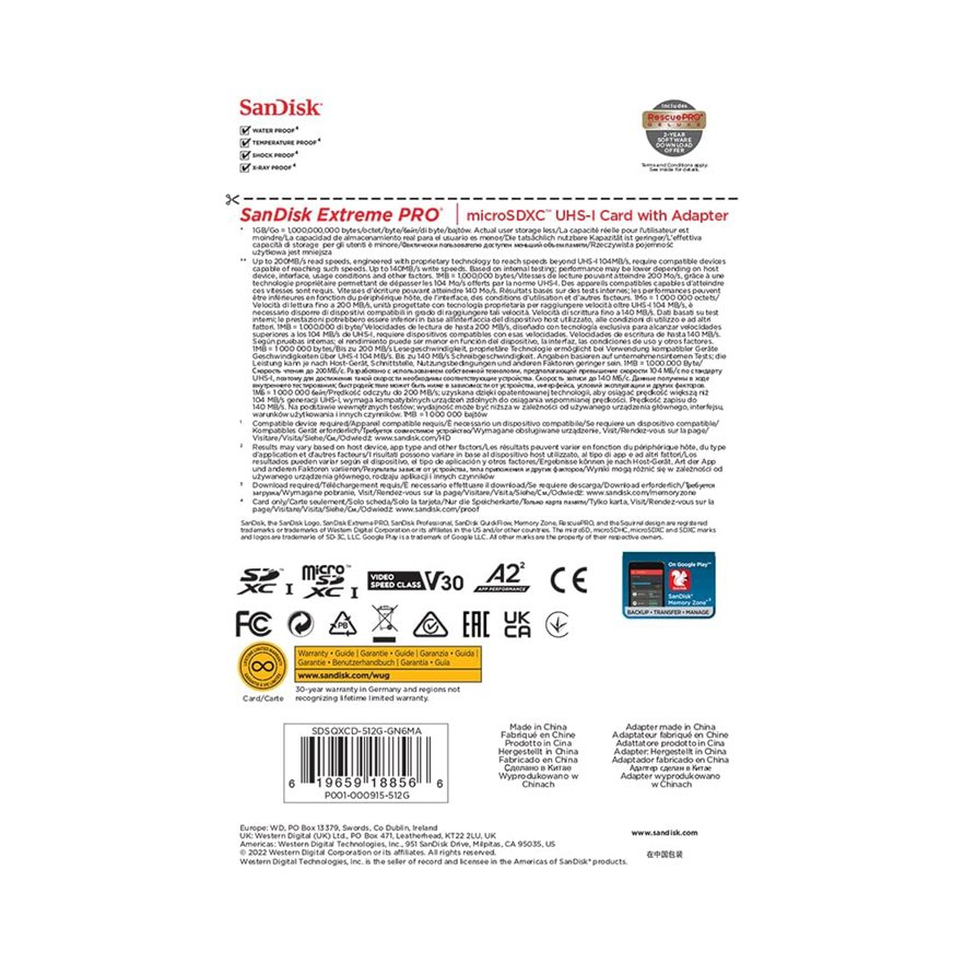 SanDisk 512GB Extreme Pro microSD UHS-I Card with Adapter