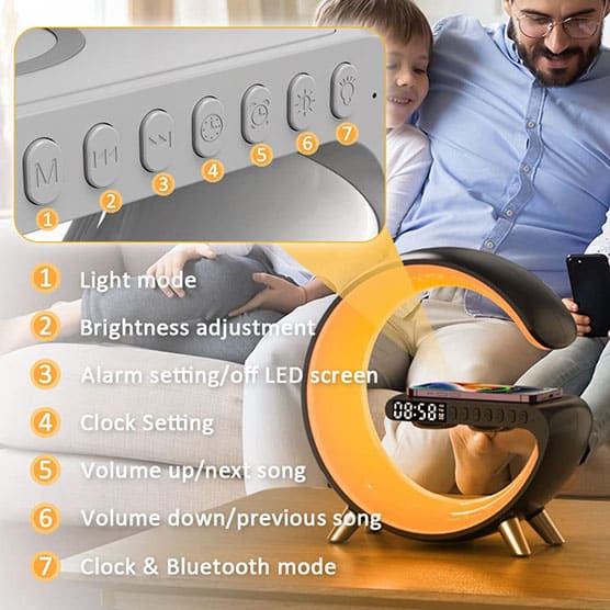 Smart Light, Speaker, Alarm Clock, Wireless Charging Light Weight (Black)
