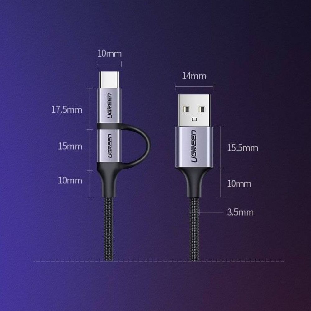 UGREEN 2 IN 1 USB-A to Micro-USB + USB-C Braided Cable Fast Charge