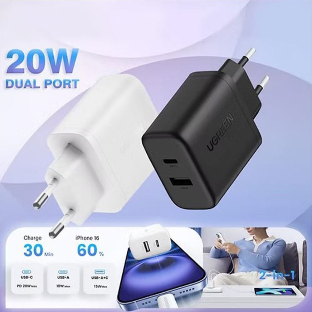 UGREEN 20W Dual-Port USB-A + USB-C Smart &amp; Fast Charger