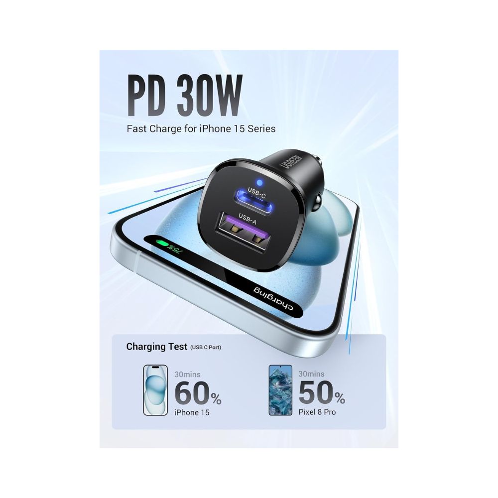 UGREEN 30W Dual Port Fast Car Charger, for Phones, Tablets &amp; Ipads