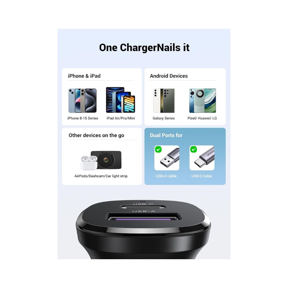 UGREEN 30W Dual Port Fast Car Charger, for Phones, Tablets &amp; Ipads