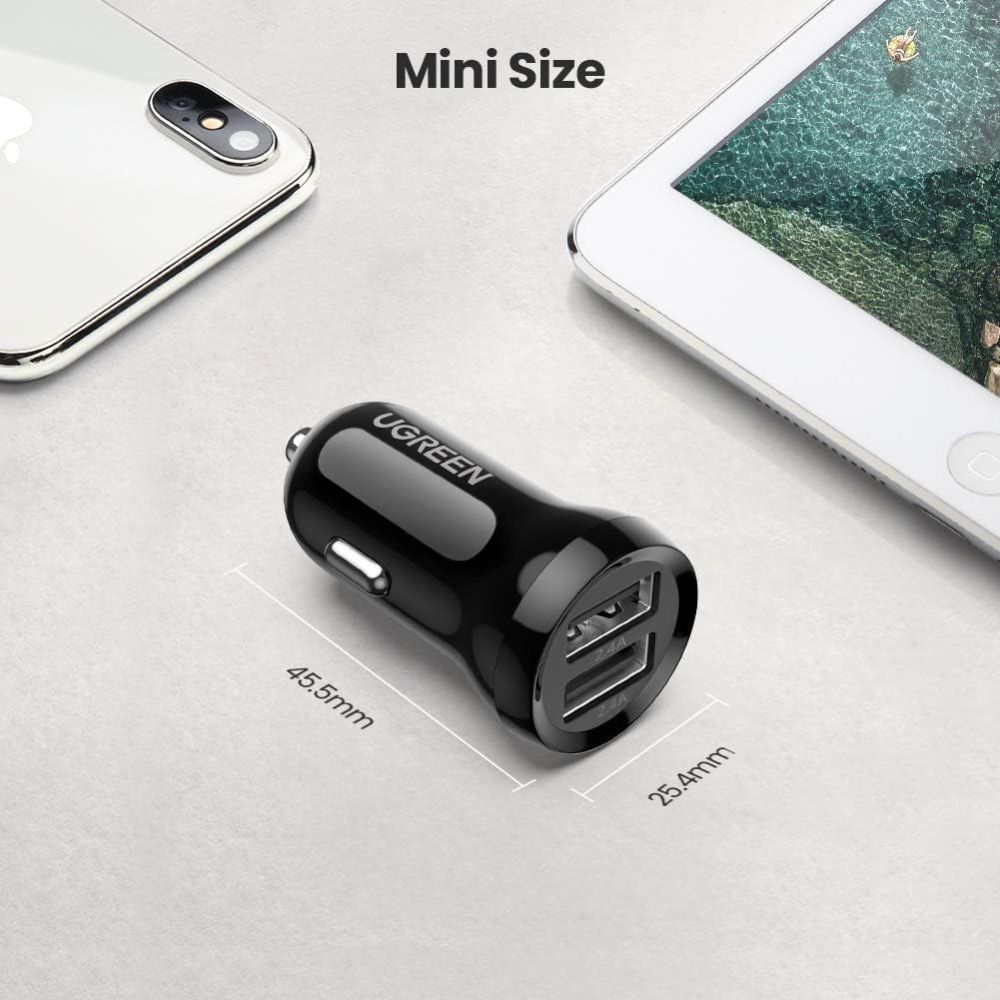 UGREEN Car Charger Fast Charging 24W Mini Car Phone Charger 4.8A Dual USB Charging Plug Adapter