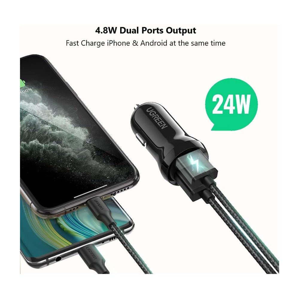 UGREEN Car Charger Fast Charging 24W Mini Car Phone Charger 4.8A Dual USB Charging Plug Adapter
