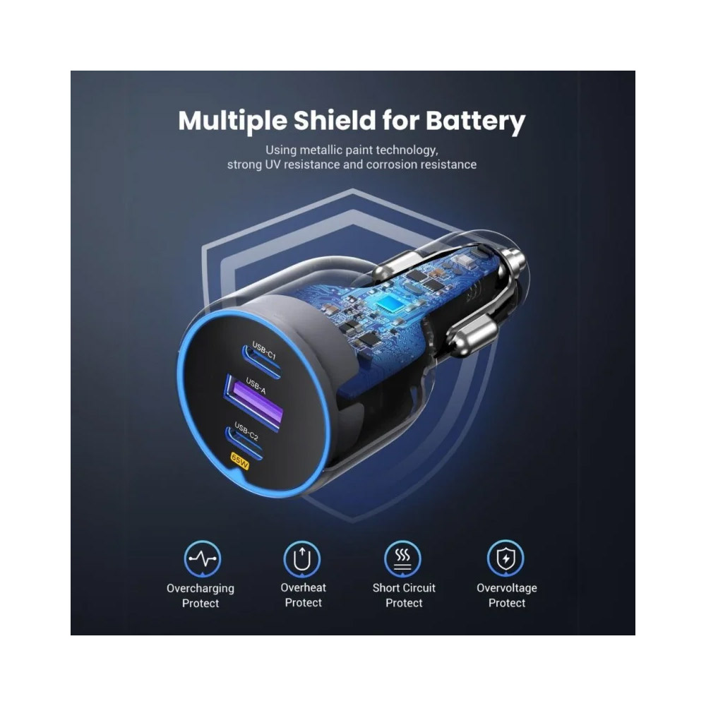 UGREEN – EC703 75W 3 Ports Fast Car Charger, for Phones, Tablets, Ipads, Laptops & MacBooks – 35024
