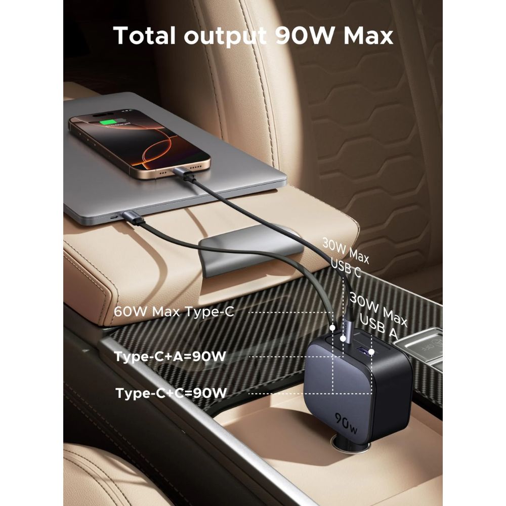 UGREEN Nexode 90W Retractable Car Charger