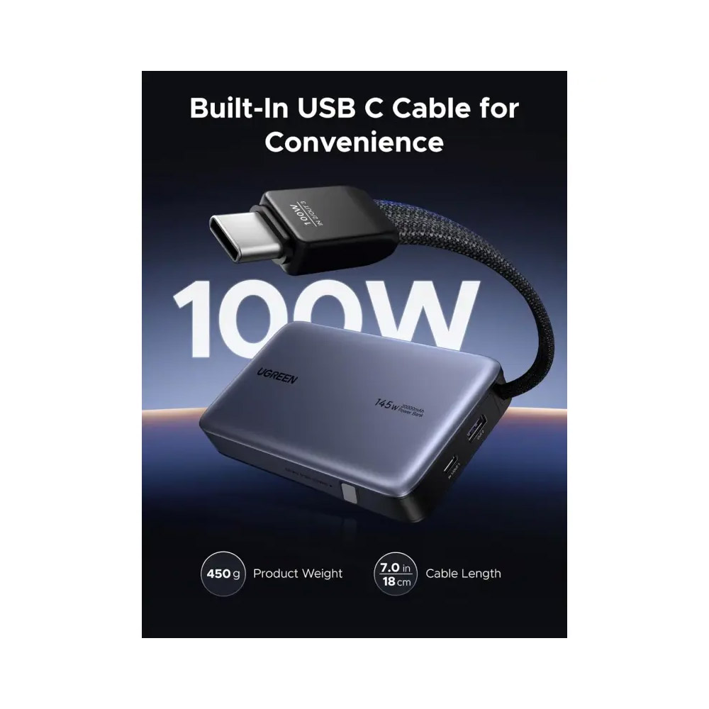 UGREEN – PB551 Power Bank 145W, 3 Ports, 20000 mAh, Fast Charging for Laptops, MacBooks, Smartphones, Tablets 55992B