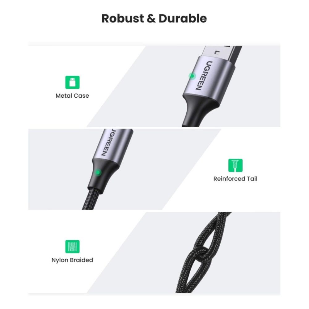 UGREEN USB-A to Angled USB-C Braided Cable Fast Charge 2M