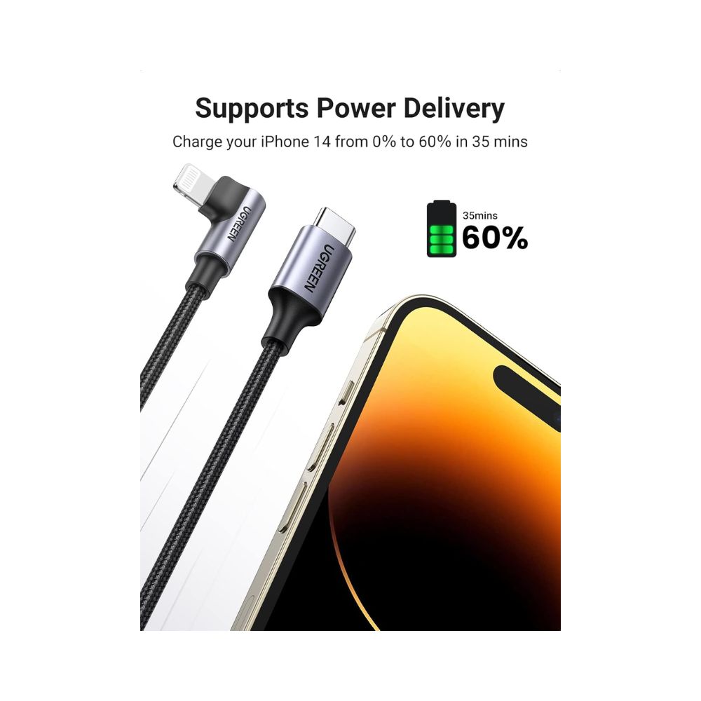 UGREEN USB-C to Angled Lightning Braided Cable &amp; Aluminum Body, MFI Apple Certified, Fast Charging 2m