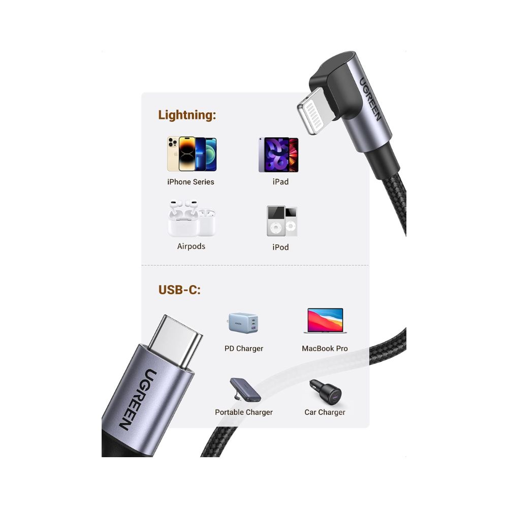 UGREEN USB-C to Angled Lightning Braided Cable &amp; Aluminum Body, MFI Apple Certified, Fast Charging 2m