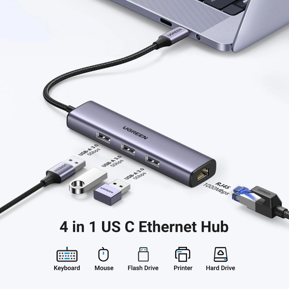 UGREEN USB C to Ethernet Adapter, 4 in 1 USB C Hub Ethernet with 3 USB 3.0 Ports