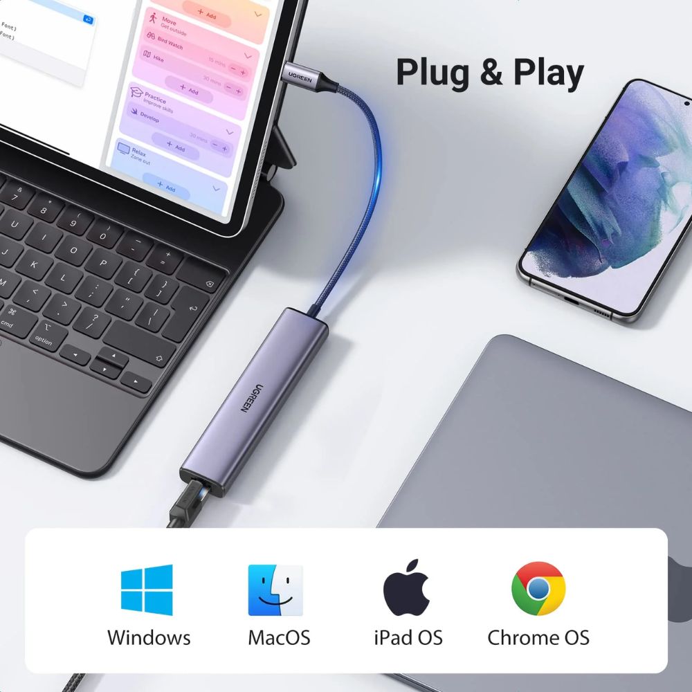 UGREEN USB C to Ethernet Adapter, 4 in 1 USB C Hub Ethernet with 3 USB 3.0 Ports