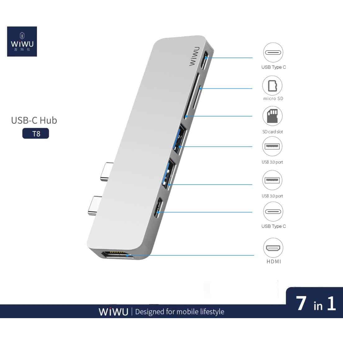 WiWu T8 Portable 7-in-1 Multi-Port Docking Station Dongle Hub Type-C Adapter (Spacegray)