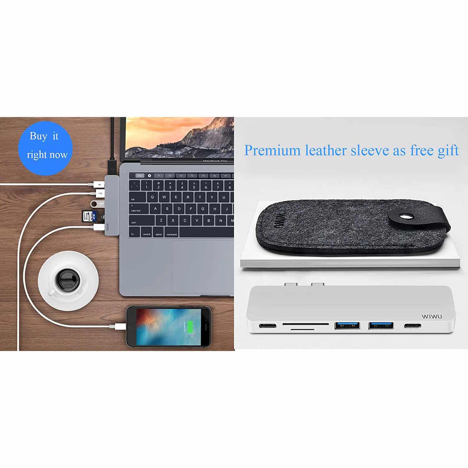 WiWu T8 Portable 7-in-1 Multi-Port Docking Station Dongle Hub Type-C Adapter (Spacegray)
