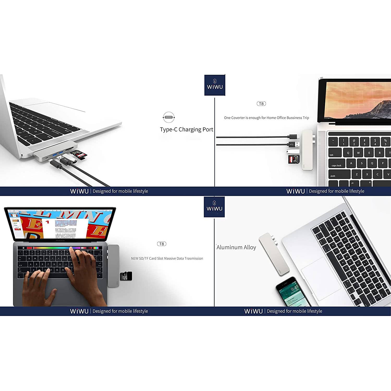 WiWu T8 Portable 7-in-1 Multi-Port Docking Station Dongle Hub Type-C Adapter (Spacegray)