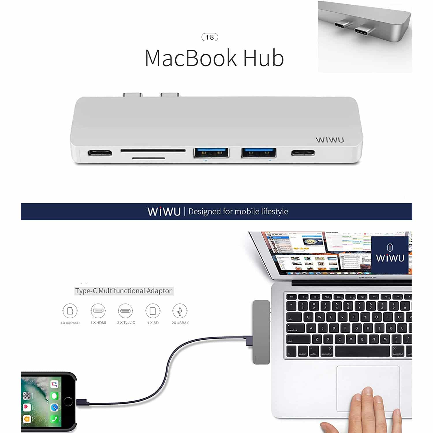 WiWu T8 Portable 7-in-1 Multi-Port Docking Station Dongle Hub Type-C Adapter (Spacegray)