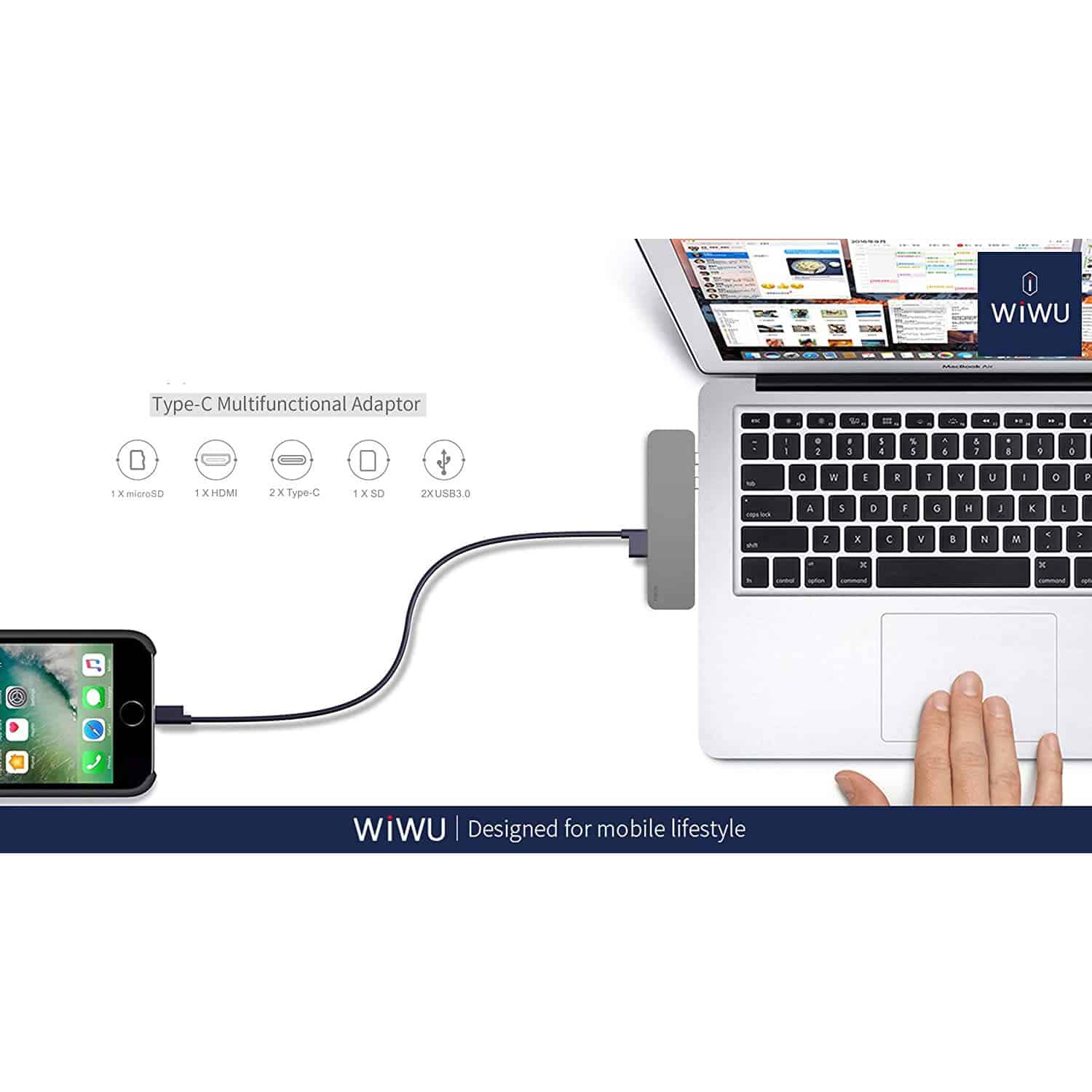 WiWu T8 Portable 7-in-1 Multi-Port Docking Station Dongle Hub Type-C Adapter (Spacegray)