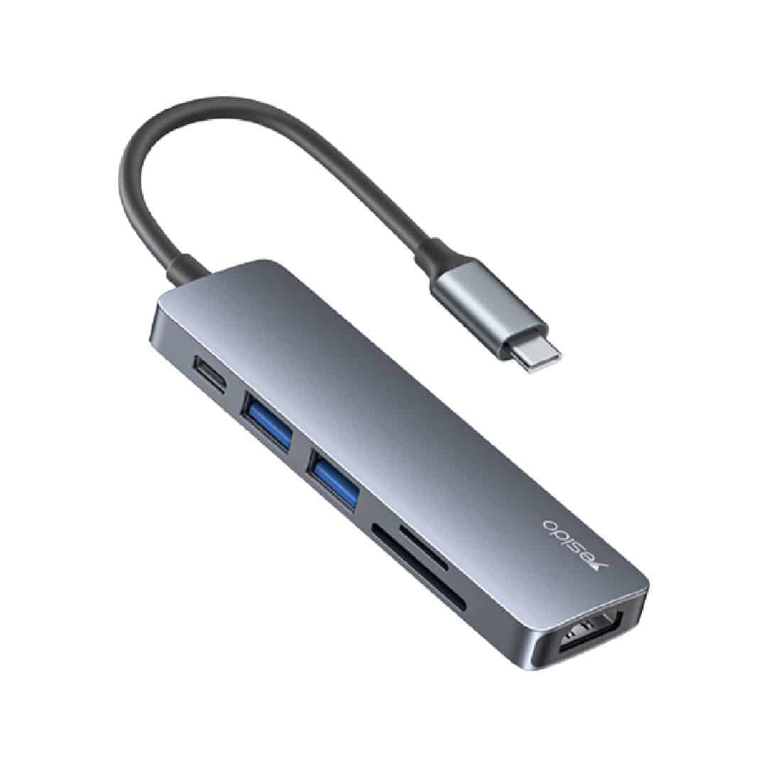 Yesido HB11 6-in-1 Aluminium Alloy USB-C Multiport Hub Adapter with 4K HDMI &amp; Card Reader, Authentic Grey