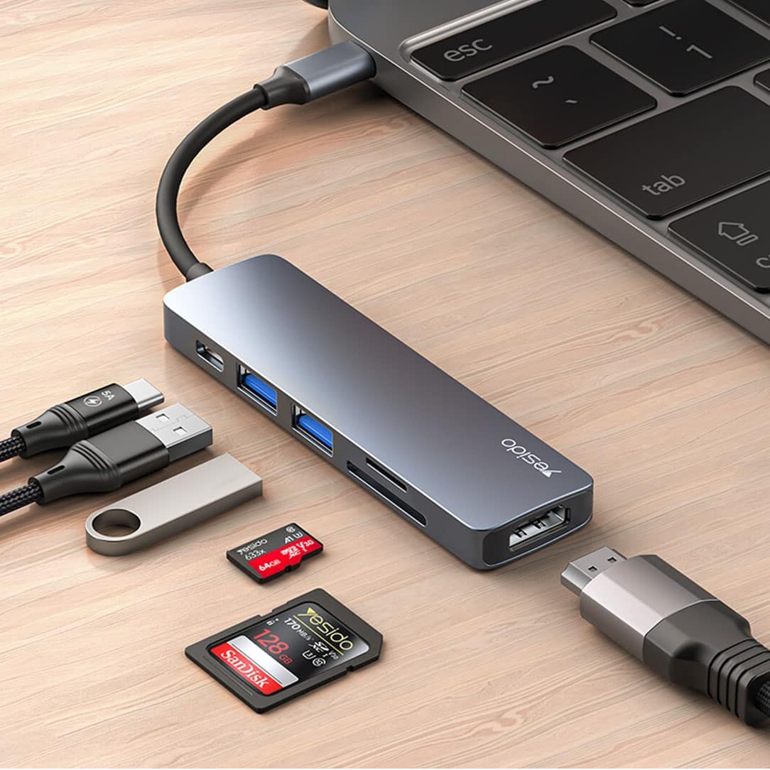 Yesido HB11 6-in-1 Aluminium Alloy USB-C Multiport Hub Adapter with 4K HDMI &amp; Card Reader, Authentic Grey