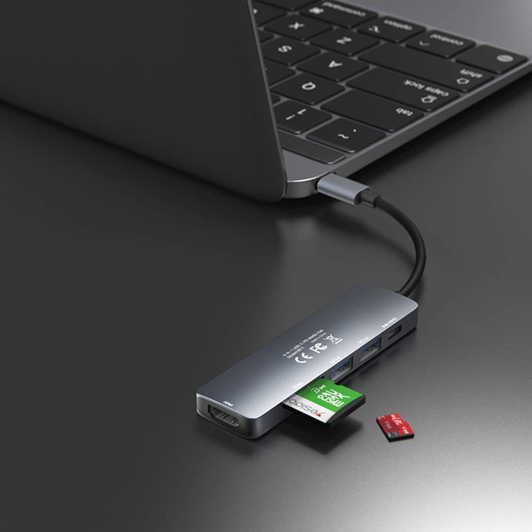 Yesido HB11 6-in-1 Aluminium Alloy USB-C Multiport Hub Adapter with 4K HDMI &amp; Card Reader, Authentic Grey